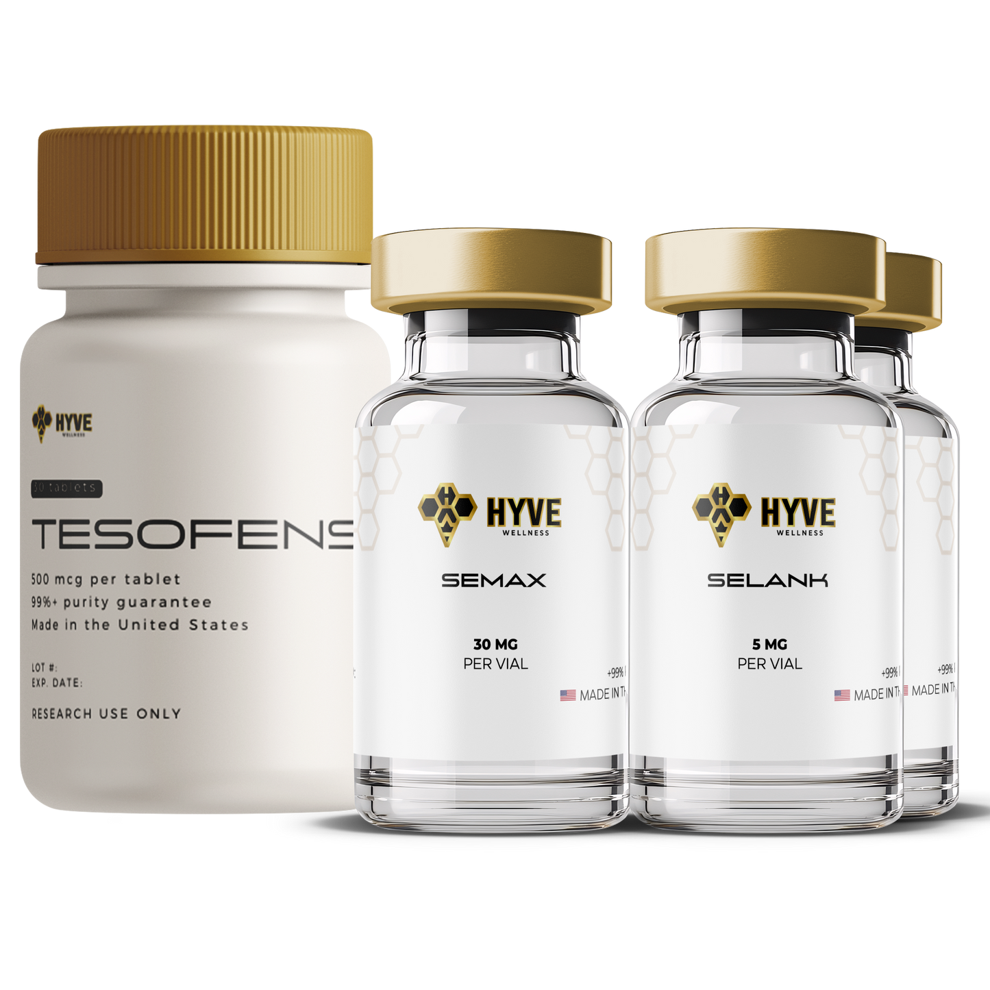 Hyve Peptides Cognitive Boost Bundle showing Tesofensine bottle and Semax and Selank vials arranged together. Front facing image of peptide vial.