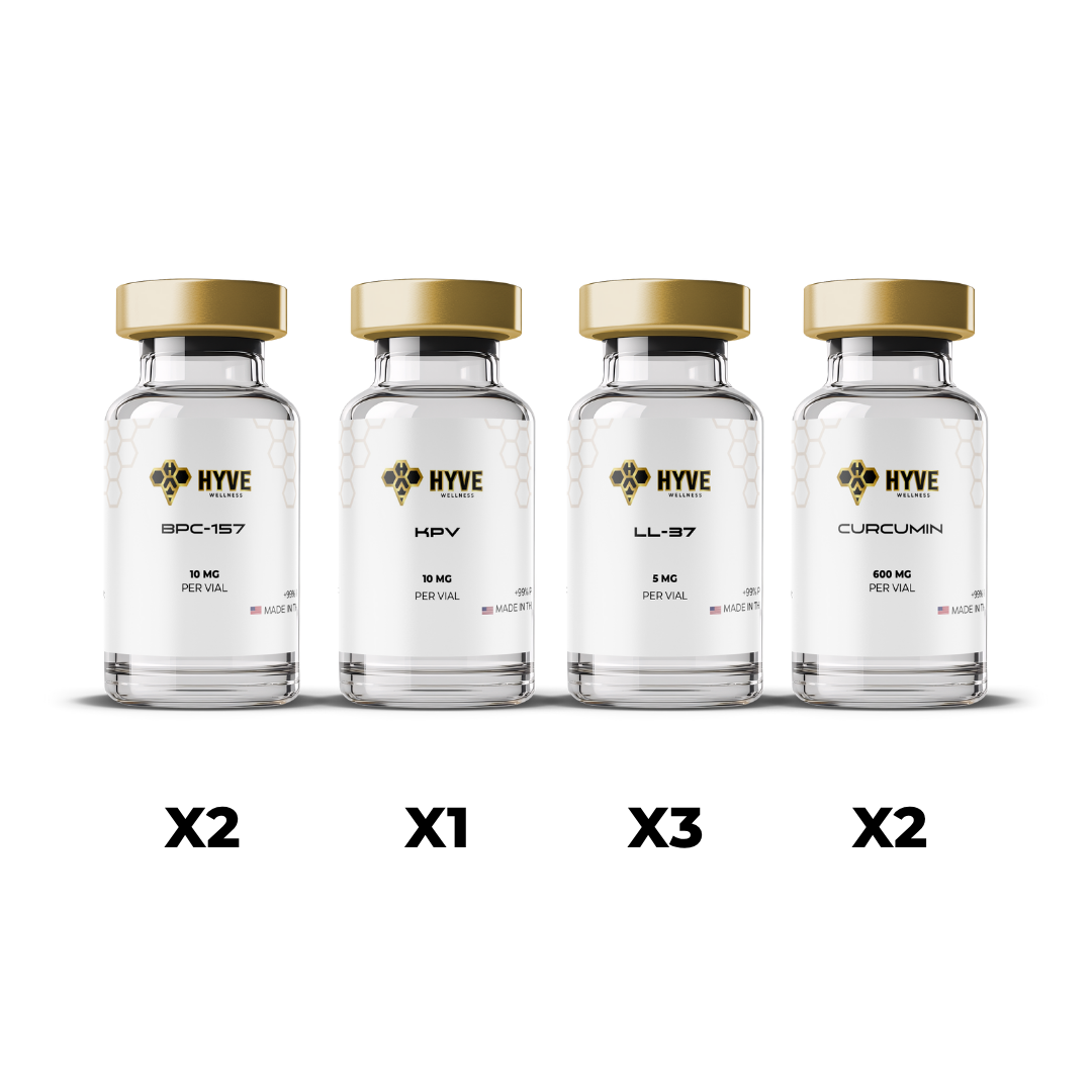 Hyve Peptides Ultimate Cleanse Bundle showing labeled vials of BPC-157, KPV, LL-37, and Curcumin with quantities beneath each. Front facing image of peptide vial.