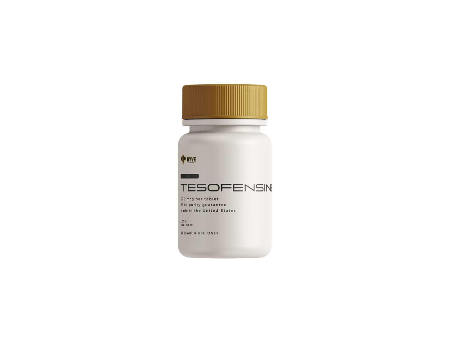 Hyve Peptides Tesofensine 500 mcg tablets research supplement bottle with gold cap on transparent background.