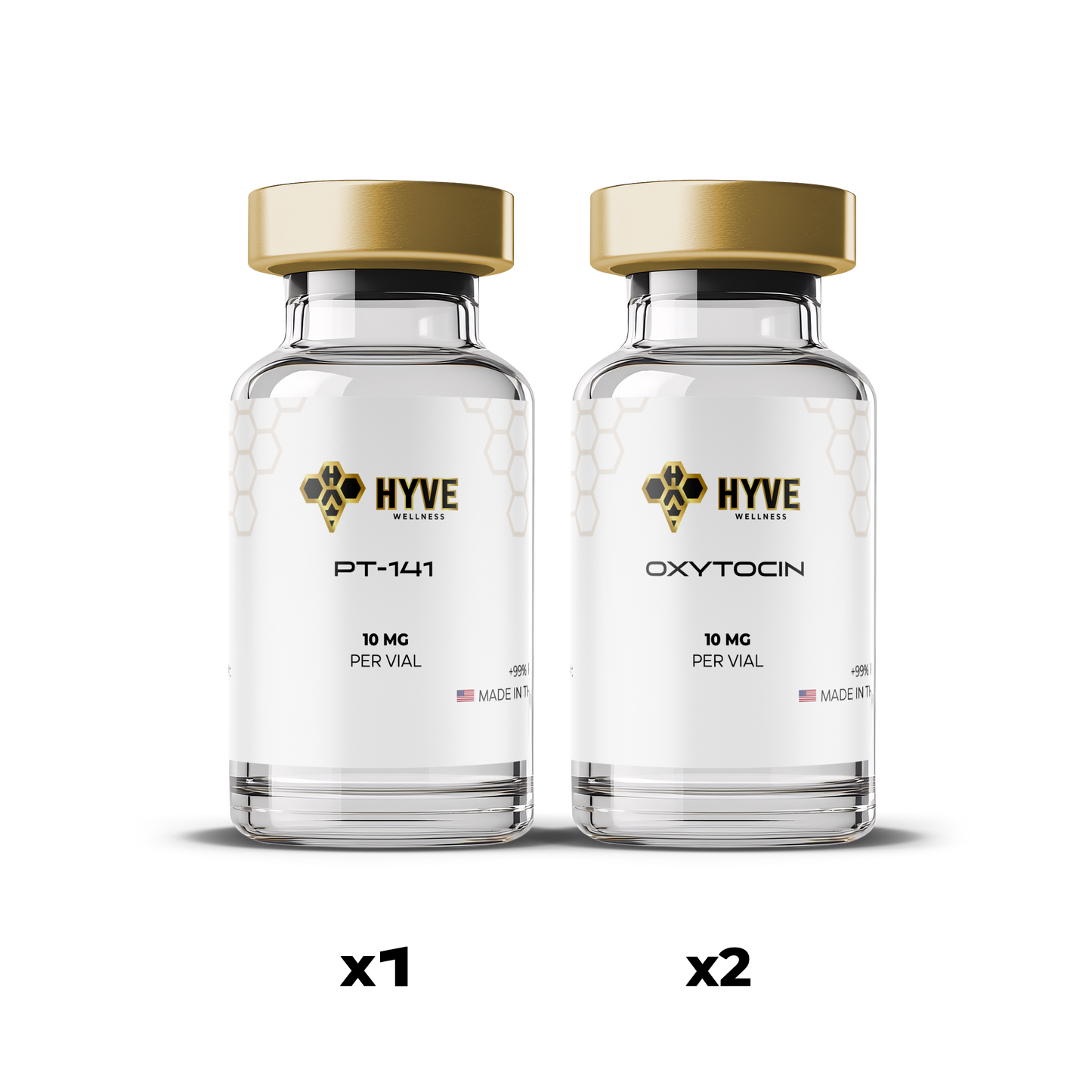 Hyve Peptides Love Bundle showing labeled vials of PT-141 and Oxytocin used for research purposes. Front facing image of peptide vial.