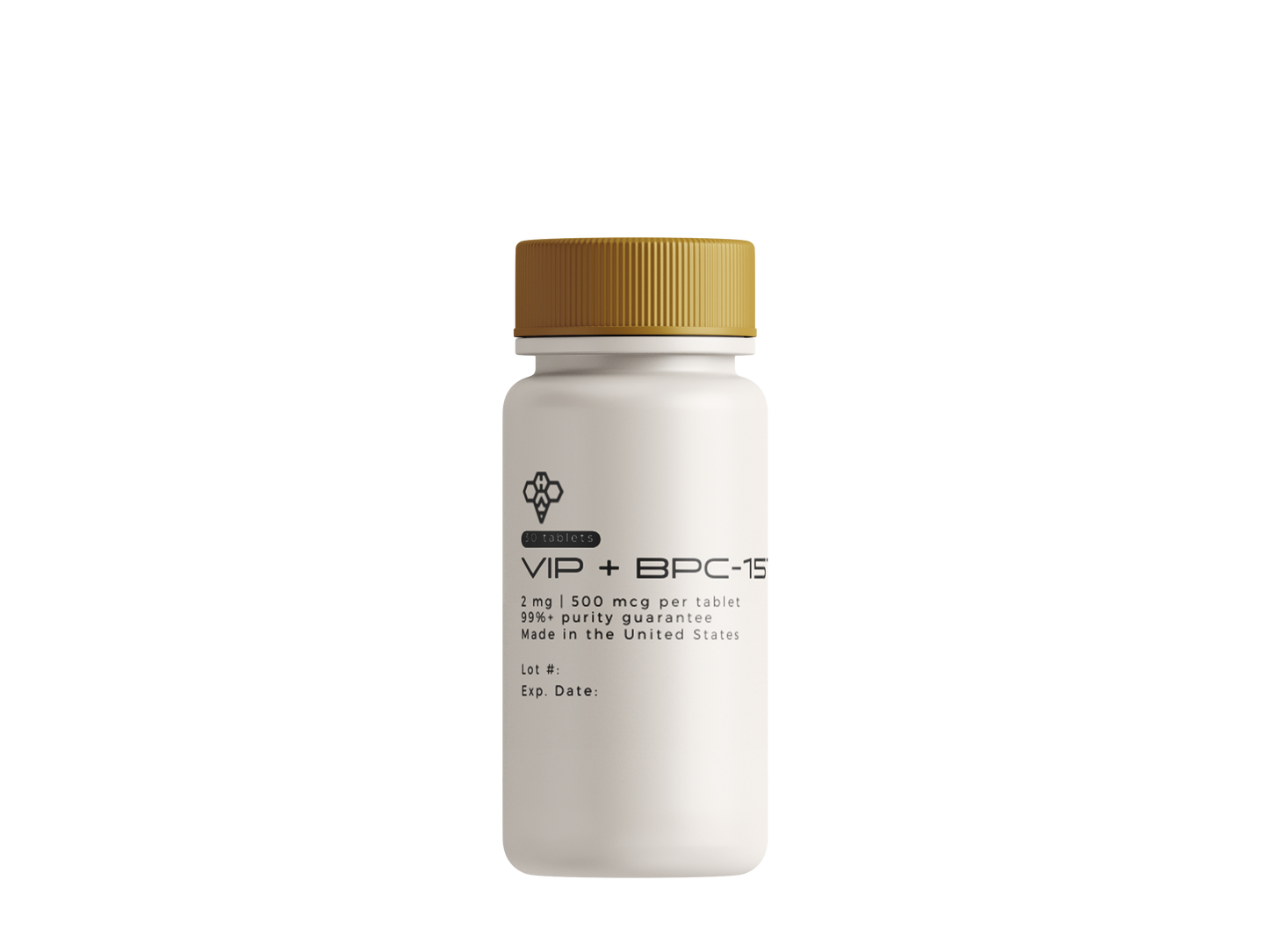 White labeled bottle of VIP + BPC-157 tablets from Hyve Peptides with gold cap. Front facing image of peptide vial.