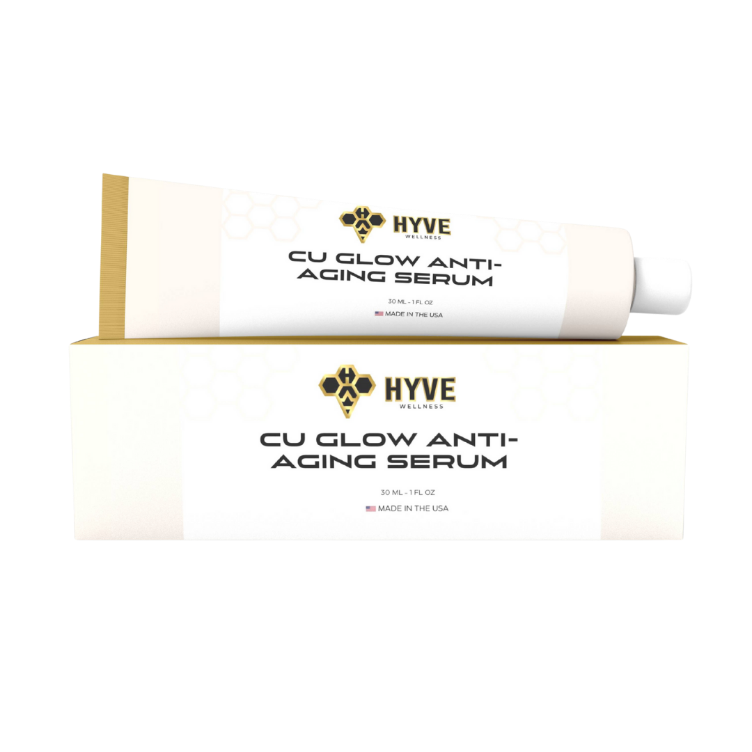 Cu Glow Anti-Aging Serum tube and box displayed together on a white background. Front facing image of peptide vial.