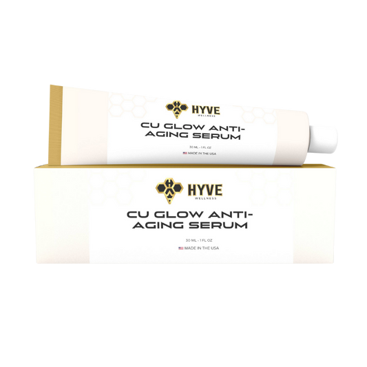 Cu Glow Anti-Aging Serum tube and box displayed together on a white background. Front facing image of peptide vial.