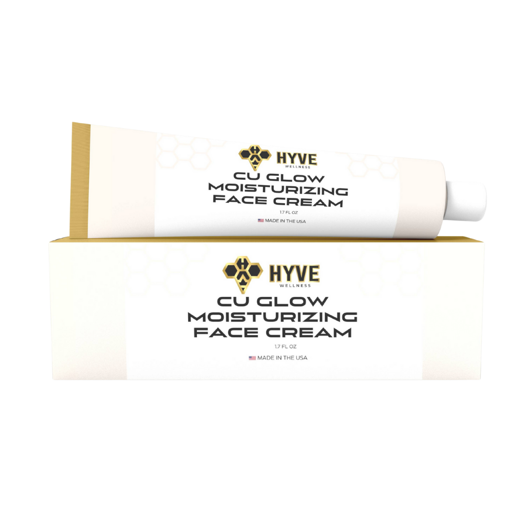 Cu Glow Moisturizing Face Cream tube and box packaging displayed on a white background. Front facing image of peptide vial.