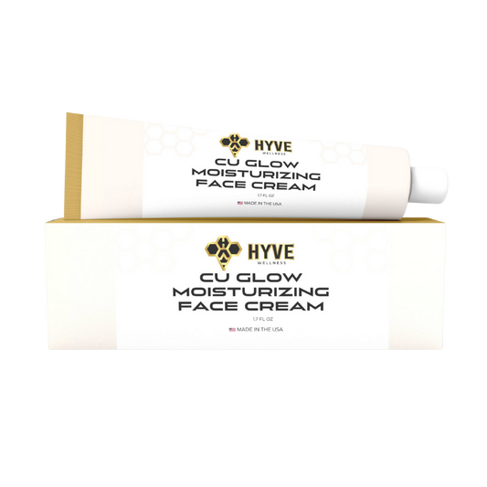 Cu Glow Moisturizing Face Cream tube and box packaging displayed on a white background. Front facing image of peptide vial.