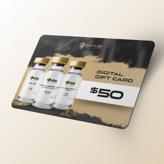 Hyve Peptides $50 digital gift card featuring BPC-157, Metabolic Boost Blend, and Thymosin Beta-4 vials. Front facing image of peptide vial.