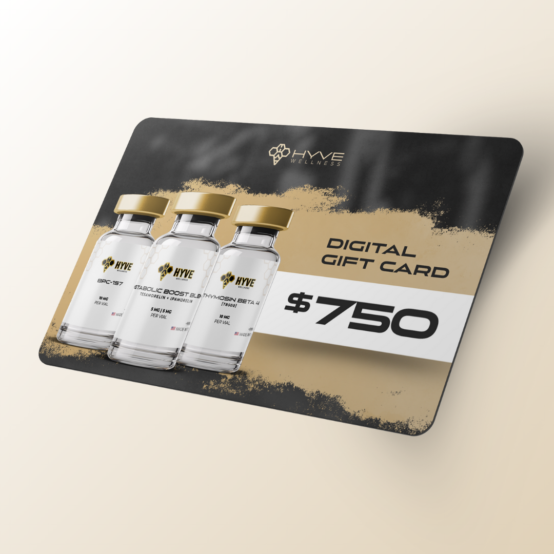 Hyve Peptides $750 digital gift card featuring BPC-157, Metabolic Boost Blend, and Thymosin Beta-4 vials. Front facing image of peptide vial.