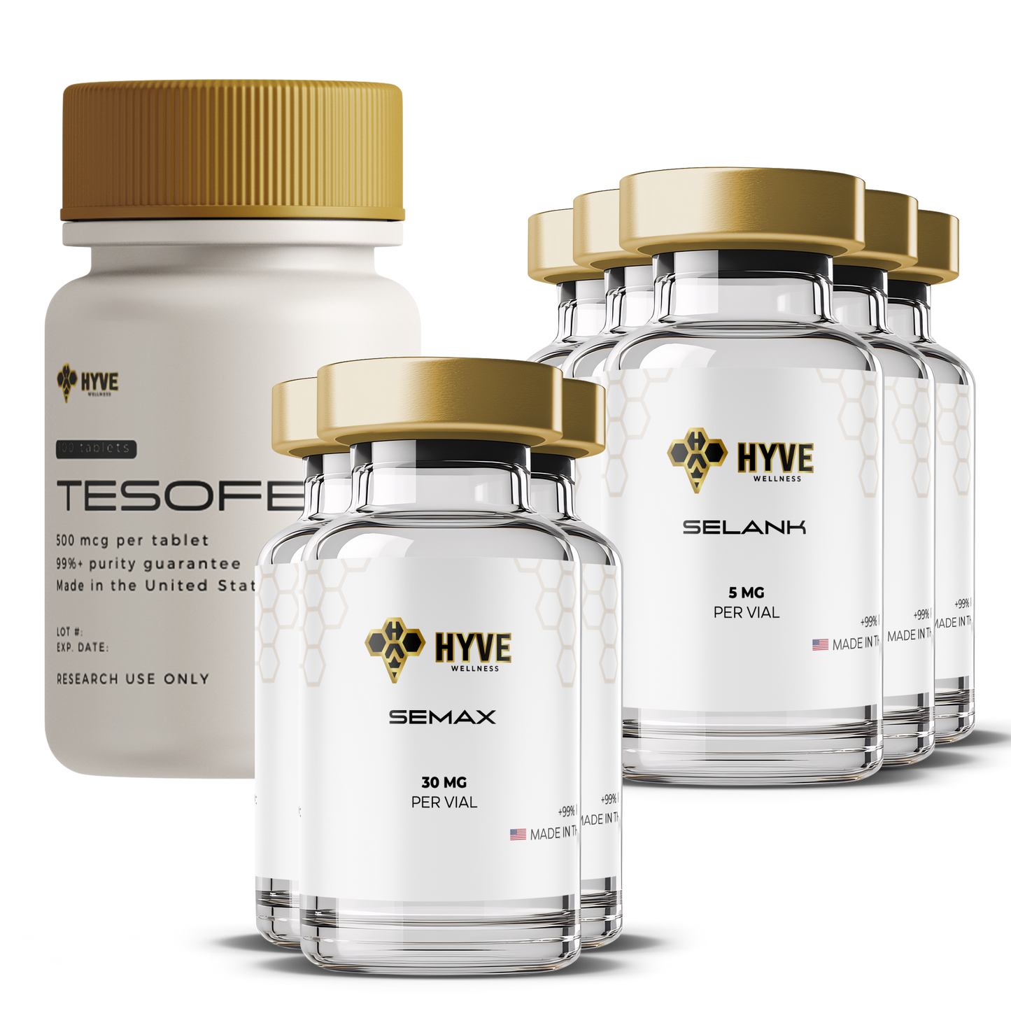 Hyve Peptides Cognitive Boost Bundle 3x showing Tesofensine bottle with Semax and multiple Selank vials. Front facing image of peptide vial.