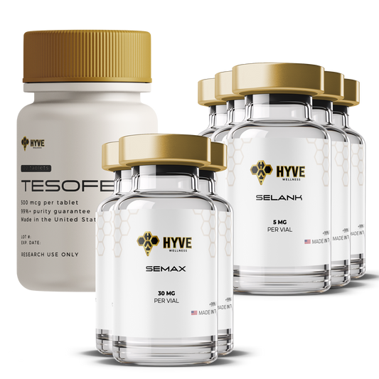 Hyve Peptides Cognitive Boost Bundle 3x showing Tesofensine bottle with Semax and multiple Selank vials. Front facing image of peptide vial.