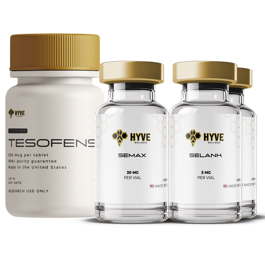 Hyve Peptides Cognitive Boost Bundle showing Tesofensine bottle and Semax and Selank vials arranged together. Front facing image of peptide vial.