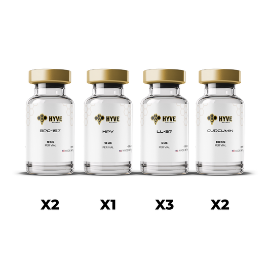 Hyve Peptides Ultimate Cleanse Bundle showing labeled vials of BPC-157, KPV, LL-37, and Curcumin with quantities beneath each. Front facing image of peptide vial.