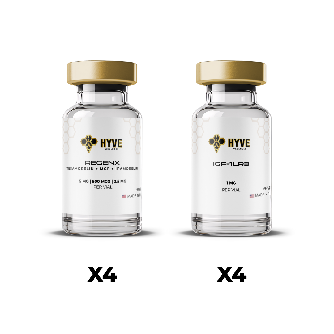 Hyve Peptides Lean Muscle Bundle showing labeled vials of RegenX and IGF-1 LR3 designed for research use. Front facing image of peptide vial.