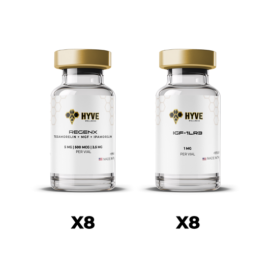 Hyve Peptides Lean Muscle Bundle 2x showing labeled vials of RegenX and IGF-1 LR3 for research purposes. Front facing image of peptide vial.