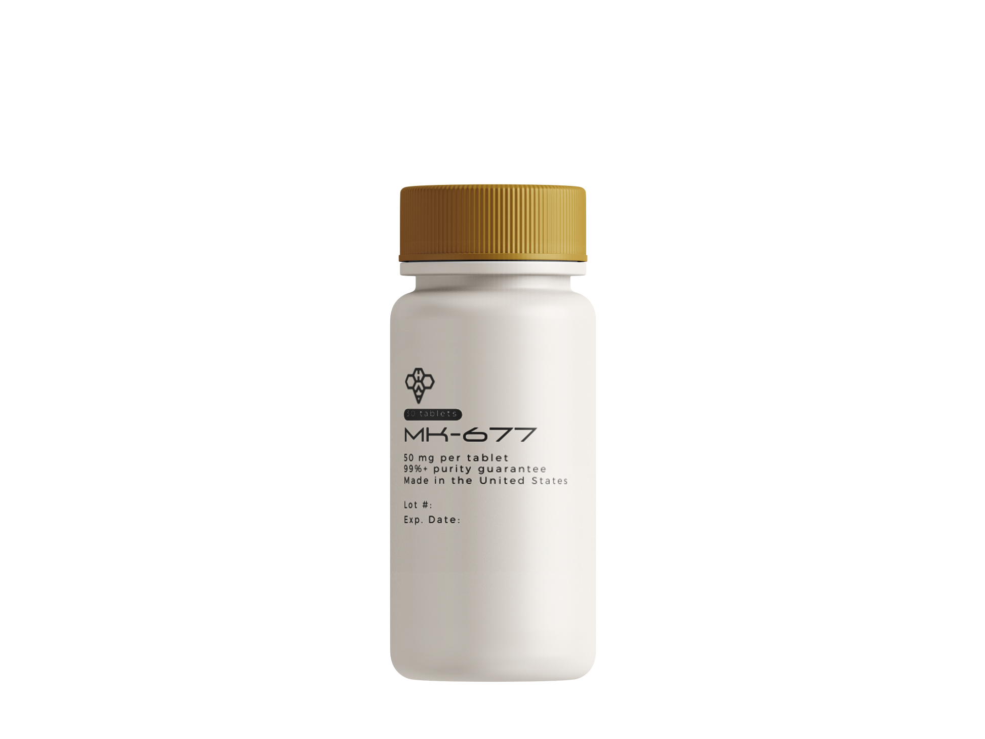 White labeled bottle of MK-677 tablets from Hyve Peptides with gold cap. Front facing image of peptide vial