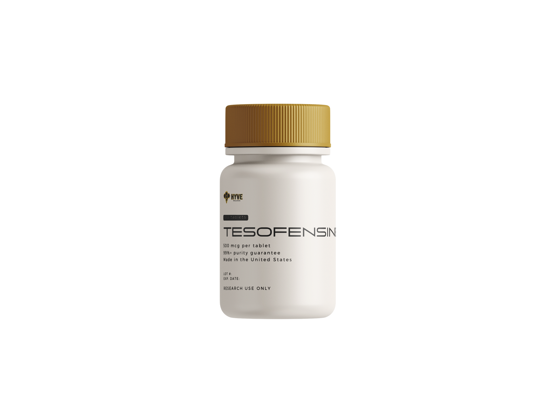 Hyve Peptides Tesofensine 500 mcg tablets x100  research supplement bottle with gold cap on transparent background