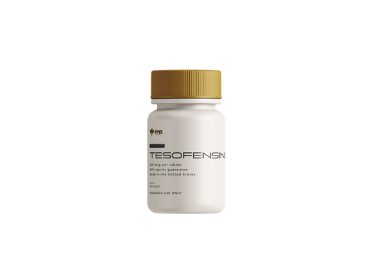 Hyve Peptides Tesofensine 500 mcg tablets research supplement bottle with gold cap on transparent background.