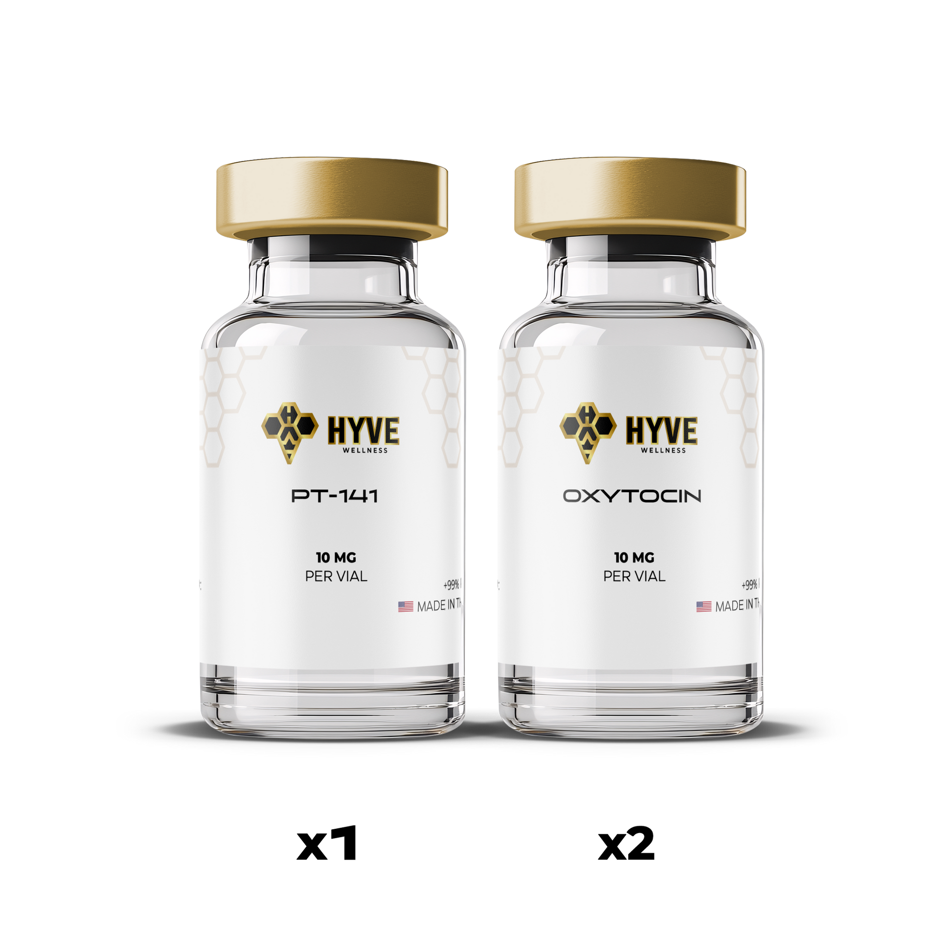 Hyve Peptides Love Bundle showing labeled vials of PT-141 and Oxytocin used for research purposes. Front facing image of peptide vial.