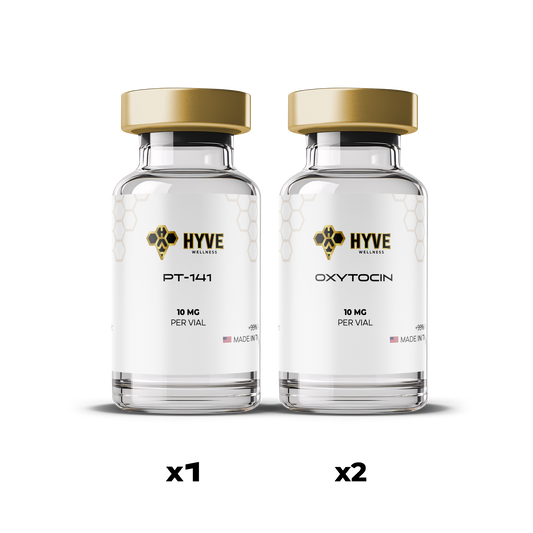 Hyve Peptides Love Bundle showing labeled vials of PT-141 and Oxytocin used for research purposes. Front facing image of peptide vial.