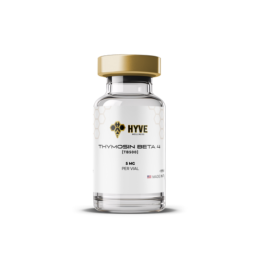 Hyve Wellness Thymosin Beta-4 (TB500) 5 mg peptide vial with white label and gold cap.