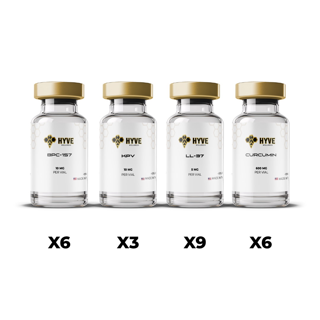 Hyve Peptides Ultimate Cleanse Bundle 3x showing labeled vials of BPC-157, KPV, LL-37, and Curcumin with quantity indicators beneath each. Front facing image of peptide vial.