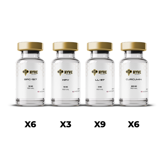 Hyve Peptides Ultimate Cleanse Bundle 3x showing labeled vials of BPC-157, KPV, LL-37, and Curcumin with quantity indicators beneath each. Front facing image of peptide vial.