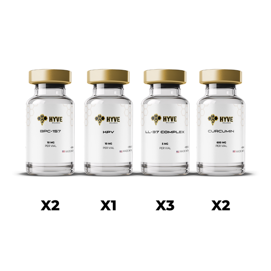Hyve Peptides Ultimate Cleanse Bundle showing labeled vials of BPC-157, KPV, LL-37, and Curcumin with quantities beneath each. Front facing image of peptide vial.