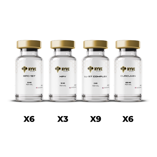 Hyve Peptides Ultimate Cleanse Bundle 3x showing labeled vials of BPC-157, KPV, LL-37, and Curcumin with quantity indicators beneath each. Front facing image of peptide vial.