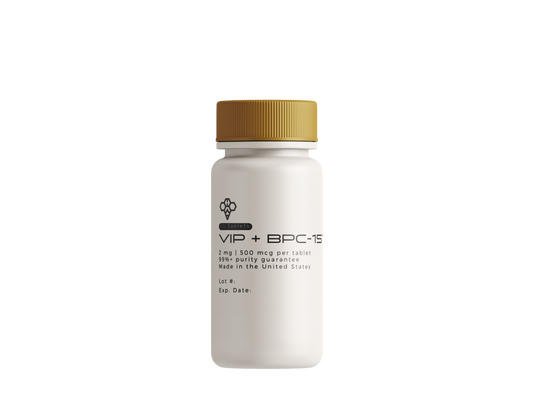 White labeled bottle of VIP + BPC-157 tablets from Hyve Peptides with gold cap. Front facing image of peptide vial.